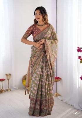 Olive Printed Cotton Saree Set