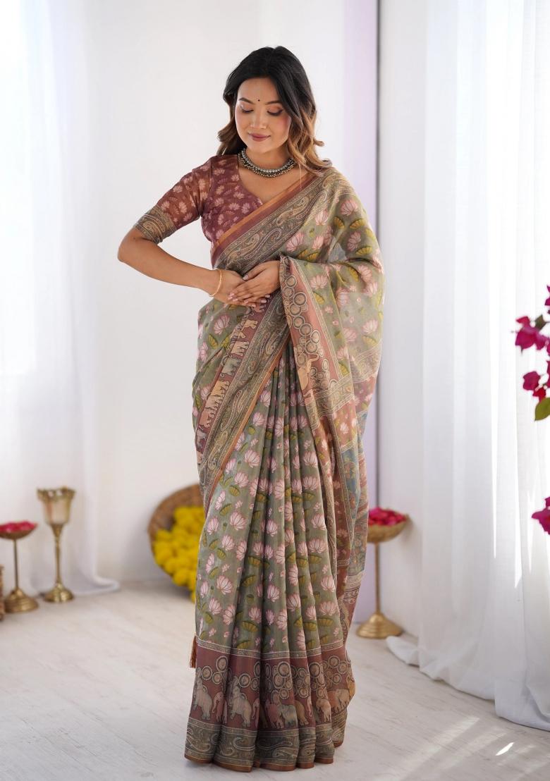 Olive Printed Cotton Saree Set - Indya
