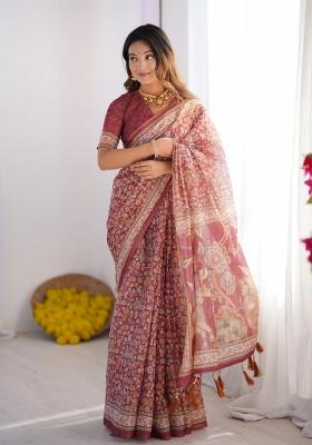 Maroon Printed Cotton Saree Set