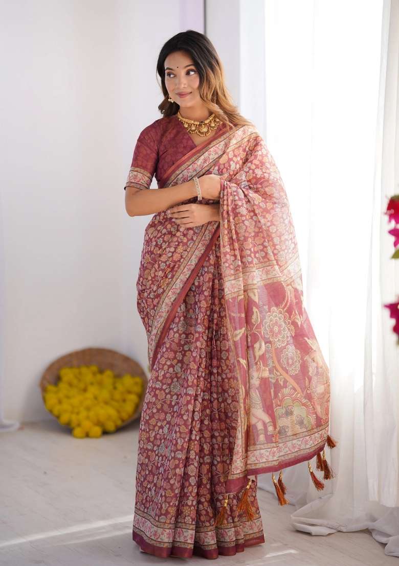 Maroon Printed Cotton Saree Set - Indya