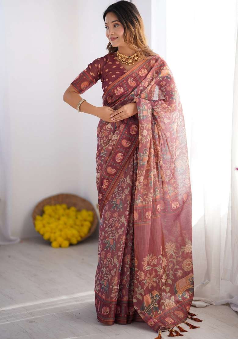 Maroon Printed Cotton Saree Set - Indya