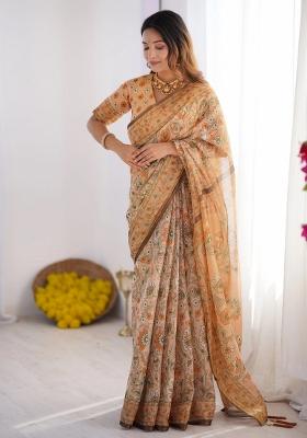 Peach Printed Cotton Saree Set