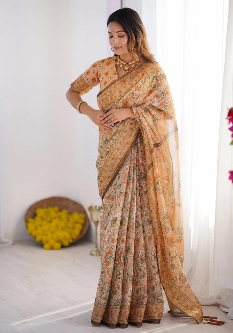 Peach Printed Cotton Saree Set