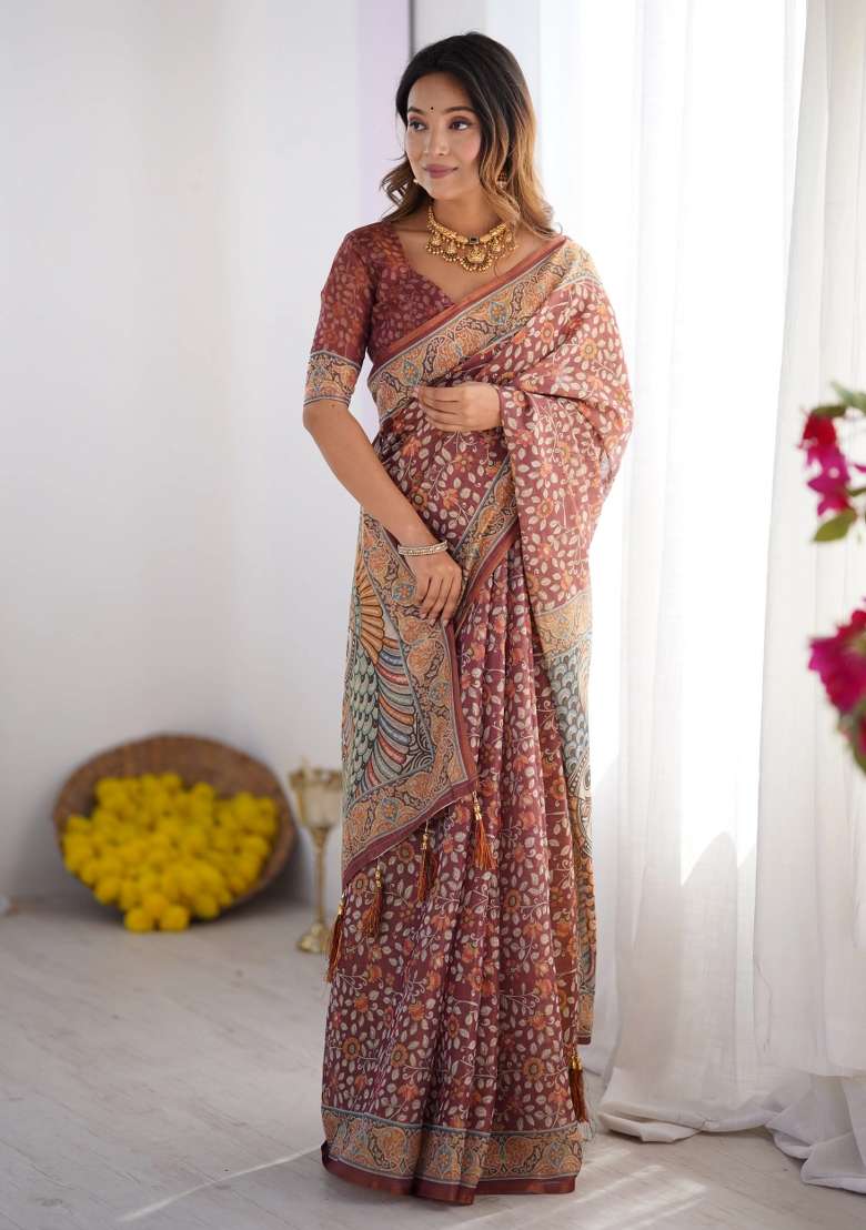 Maroon Printed Cotton Saree Set - Indya