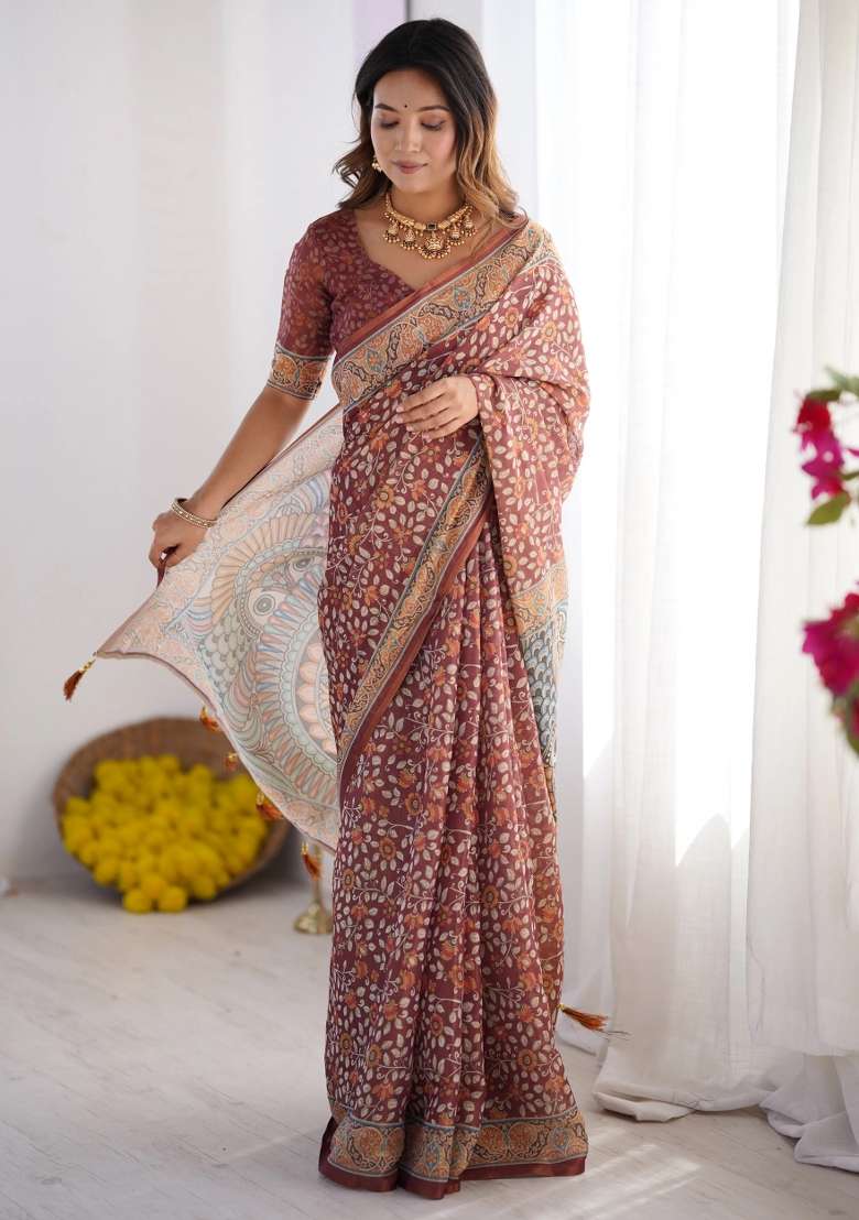Maroon Printed Cotton Saree Set - Indya