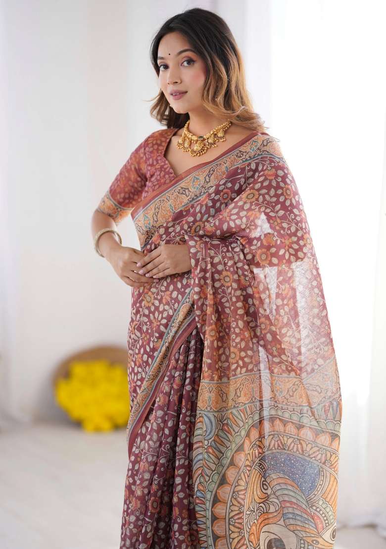Maroon Printed Cotton Saree Set - Indya