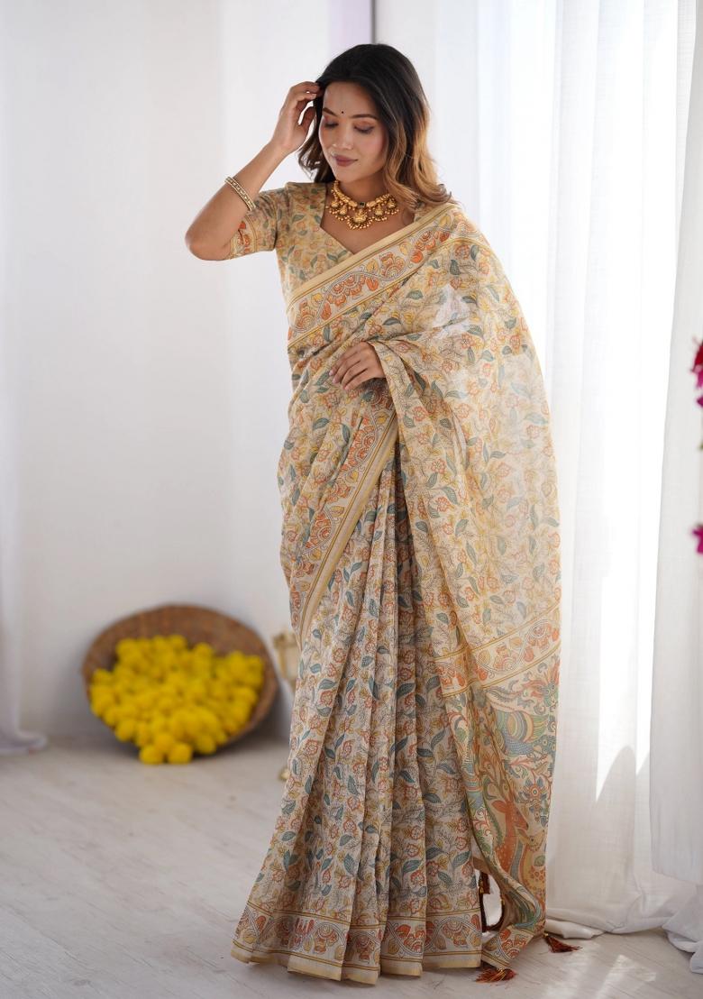 Multicolor Printed Cotton Saree Set