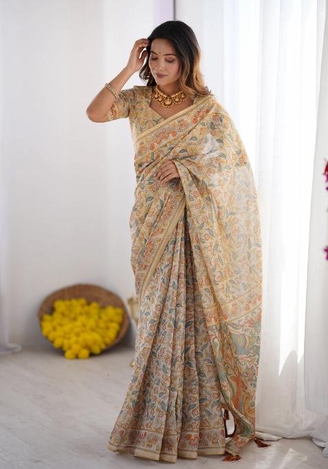 Multicolor Printed Cotton Saree Set