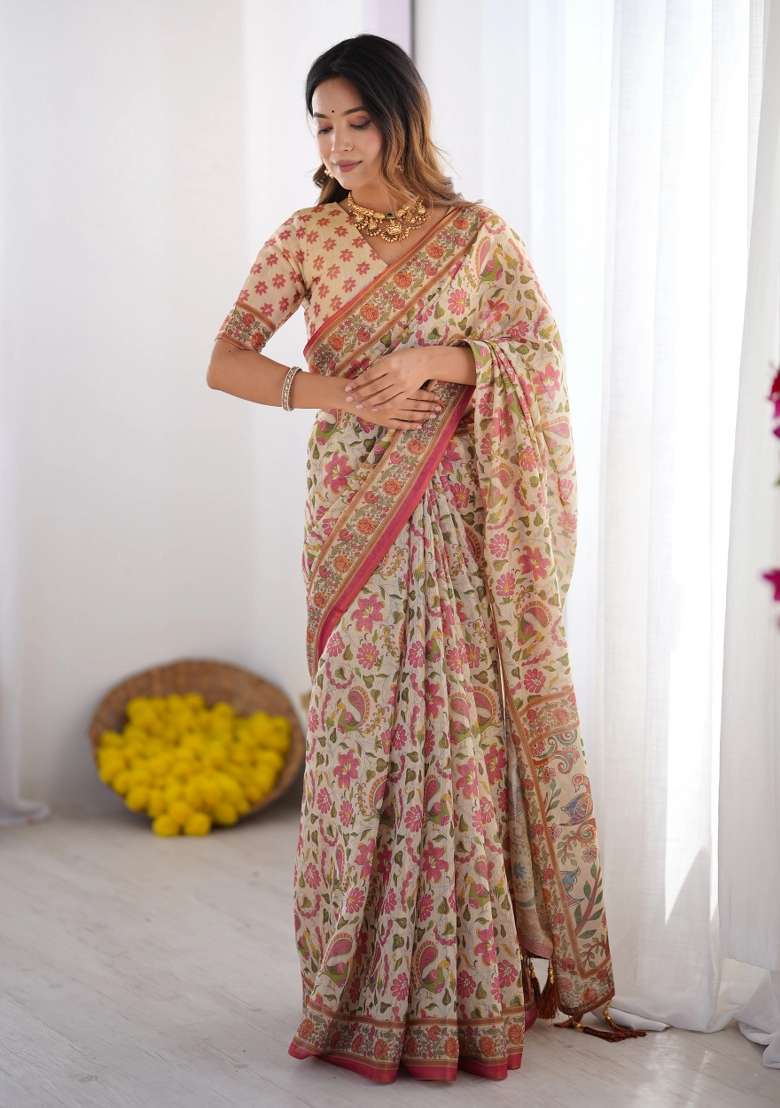 Cream Printed Cotton Saree Set - Indya