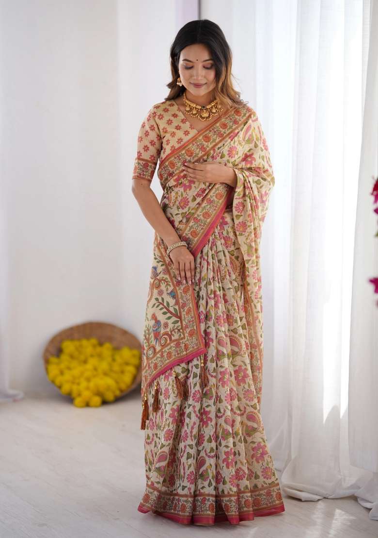 Cream Printed Cotton Saree Set - Indya