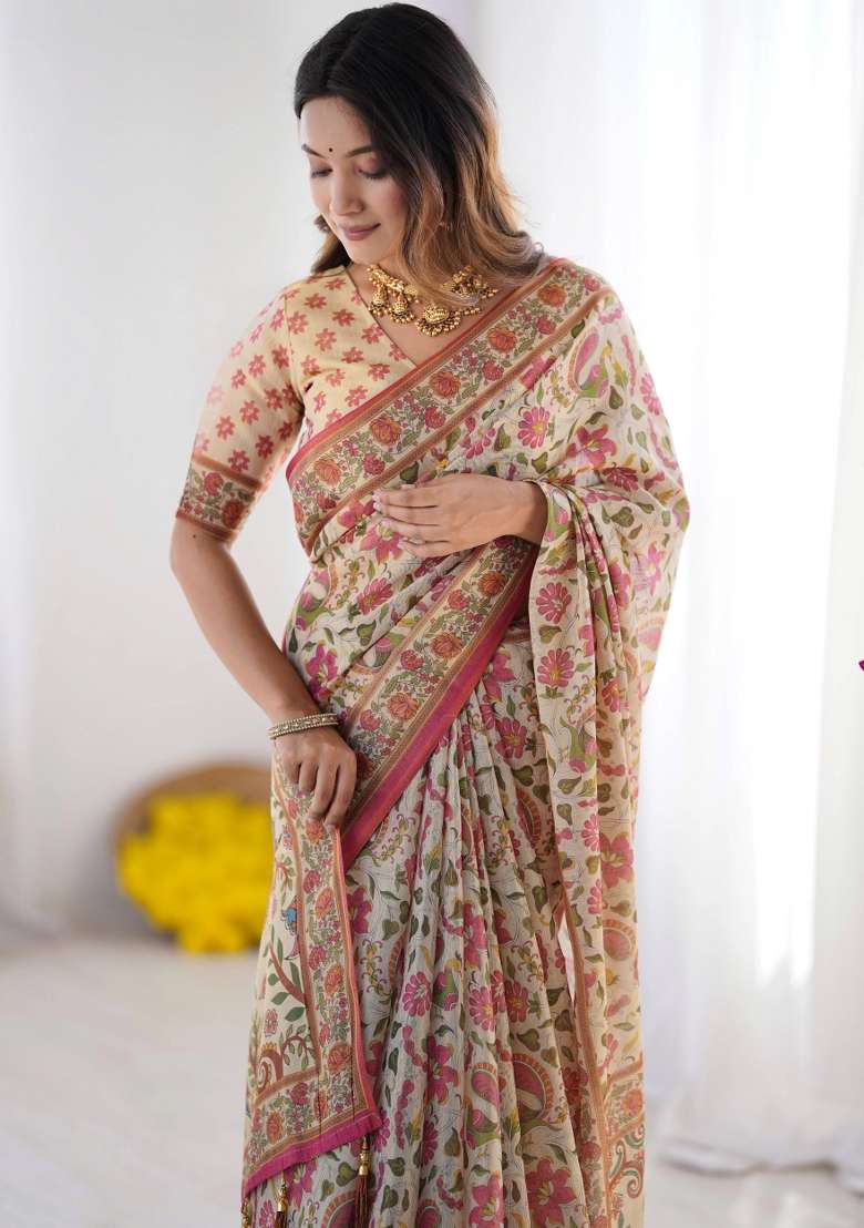 Cream Printed Cotton Saree Set - Indya