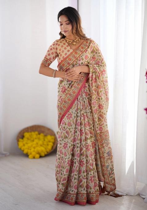 Cream Printed Cotton Saree Set