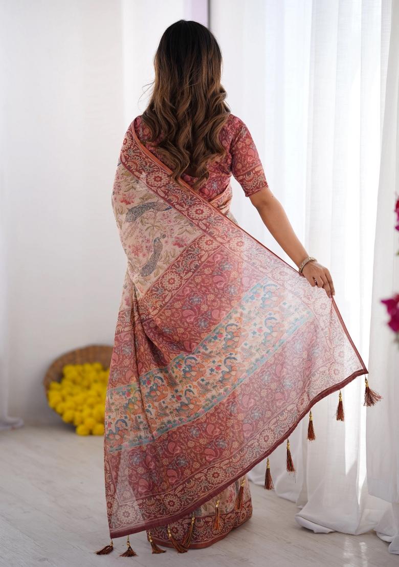 Cream Printed Cotton Saree Set