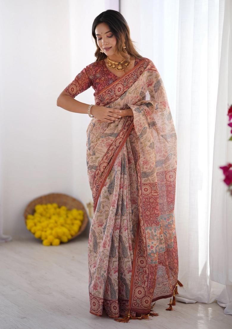 Cream Printed Cotton Saree Set