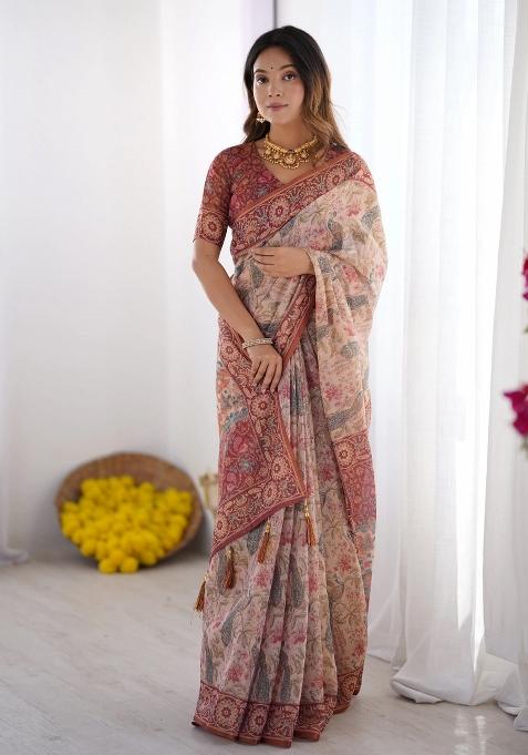 Cream Printed Cotton Saree Set
