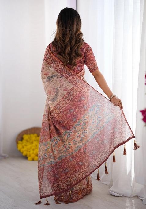 Cream Printed Cotton Saree Set