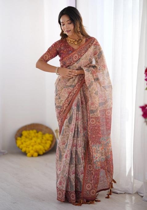 Cream Printed Cotton Saree Set