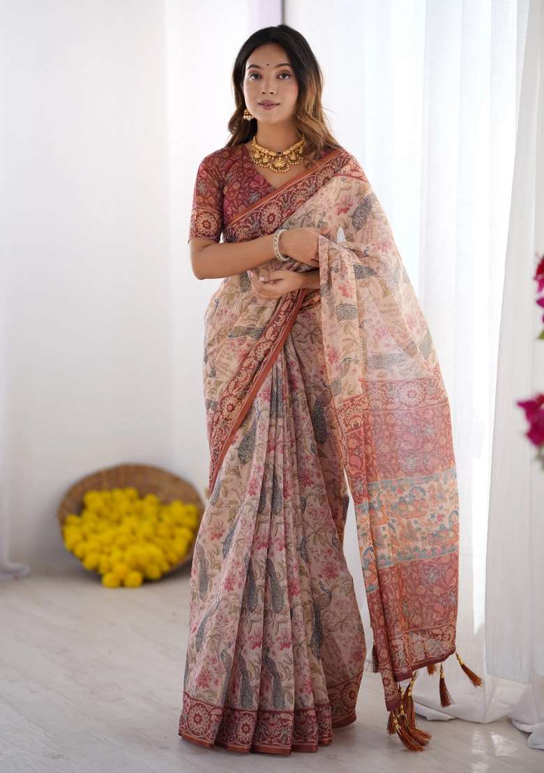 Cream Printed Cotton Saree Set - Indya