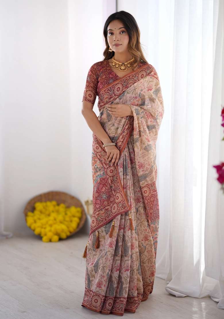 Cream Printed Cotton Saree Set - Indya