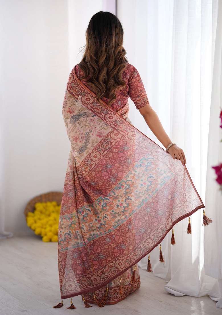 Cream Printed Cotton Saree Set - Indya