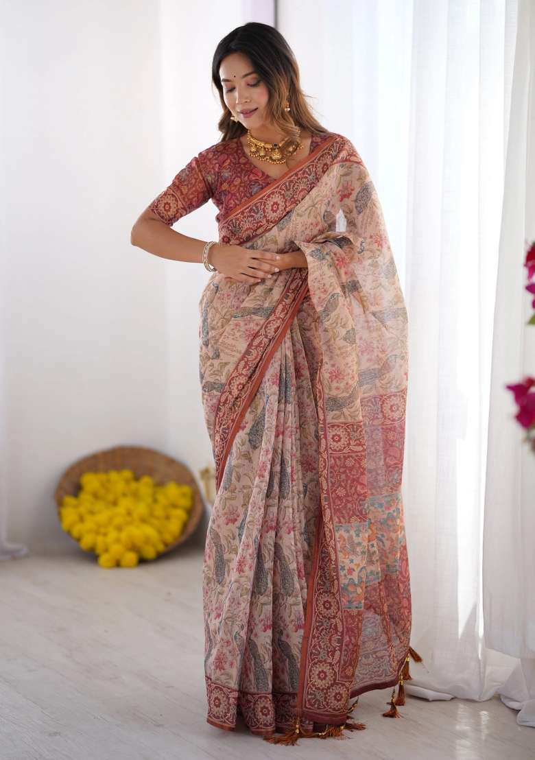 Cream Printed Cotton Saree Set - Indya
