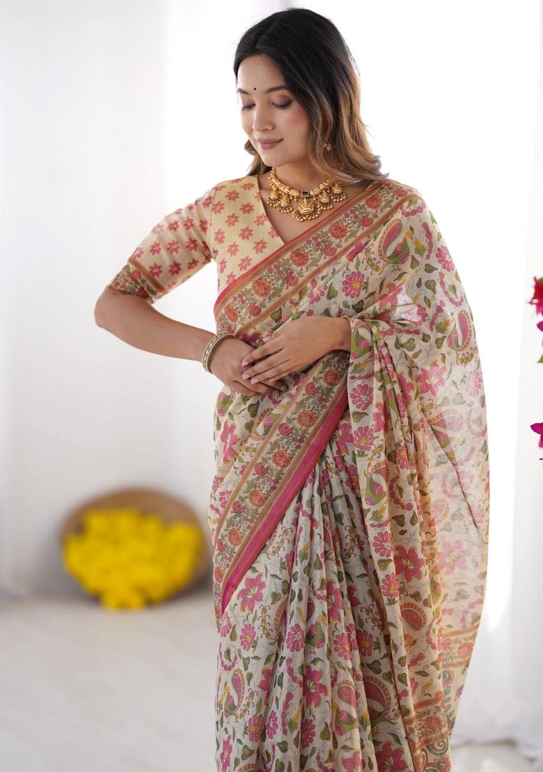 Cream Printed Cotton Saree Set - Indya