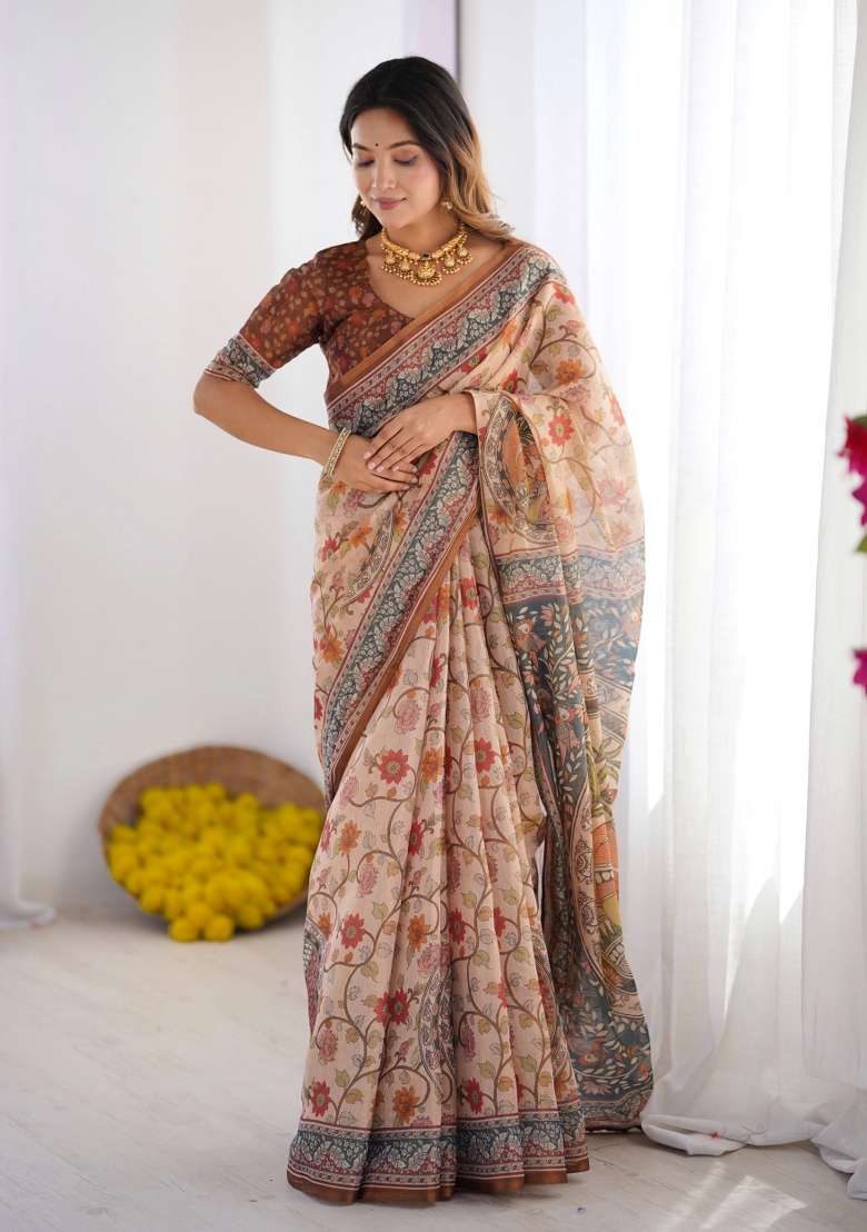Multicolor Printed Cotton Saree Set - Indya