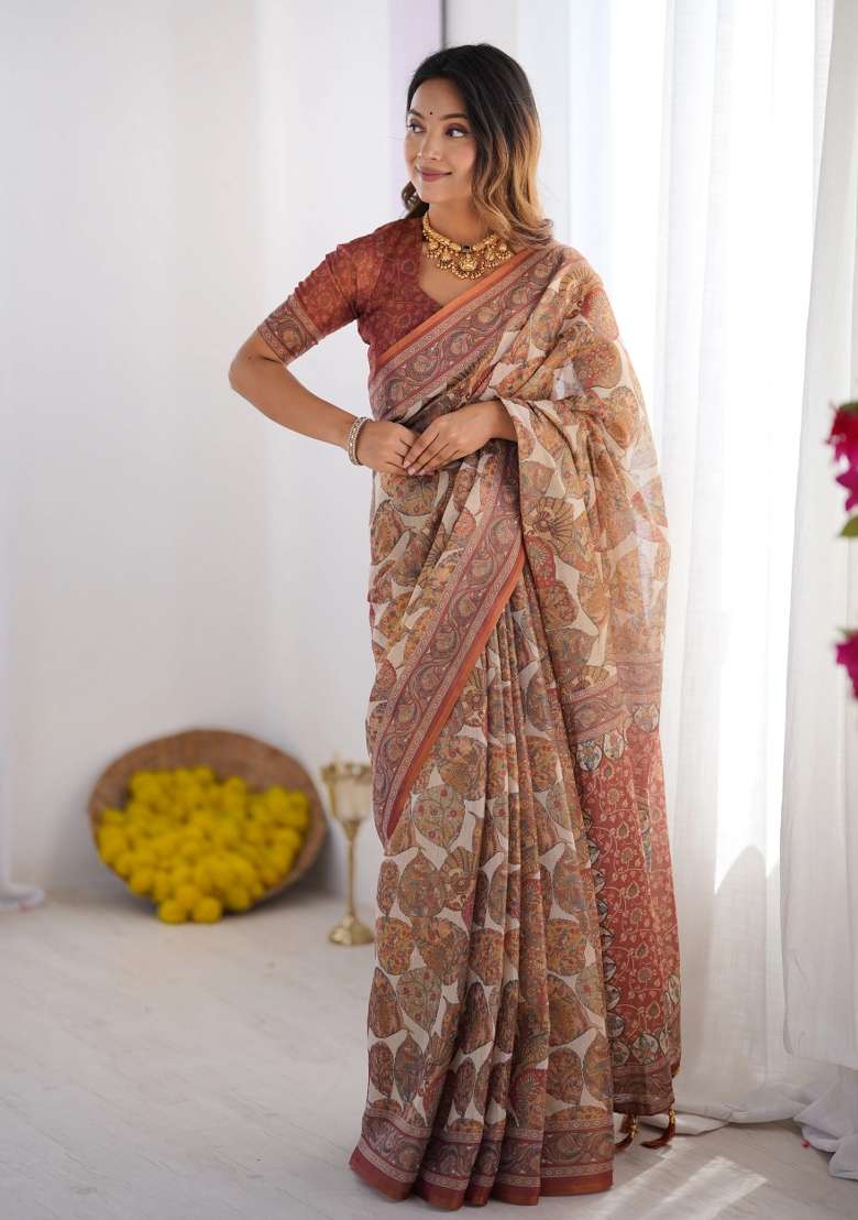 Multicolor Printed Cotton Saree Set - Indya
