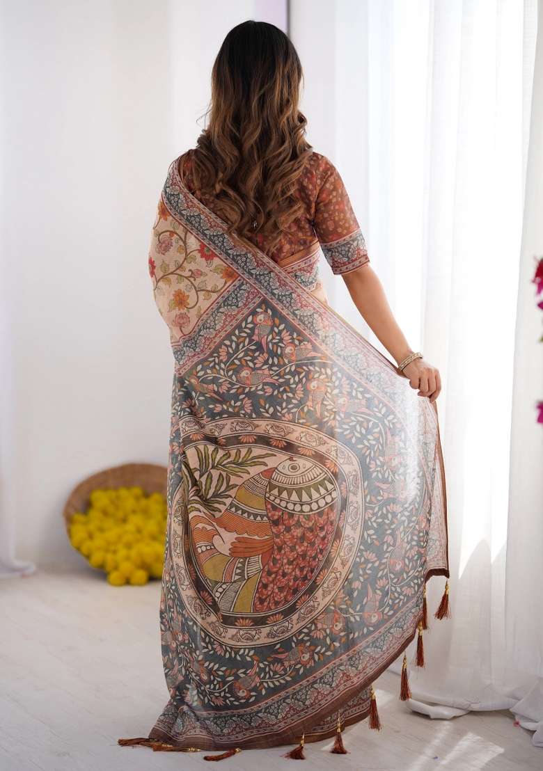 Multicolor Printed Cotton Saree Set - Indya