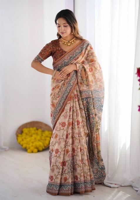 Multicolor Printed Cotton Saree Set