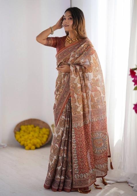 Rust Printed Cotton Saree Set