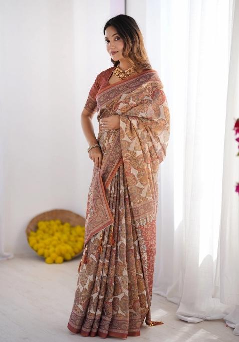 Rust Printed Cotton Saree Set