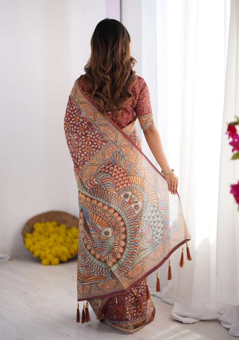 Maroon Printed Cotton Saree Set - Indya