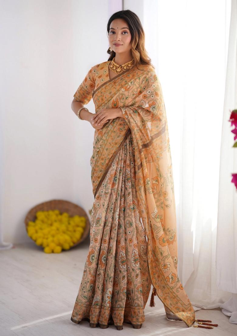 Peach Printed Cotton Saree Set