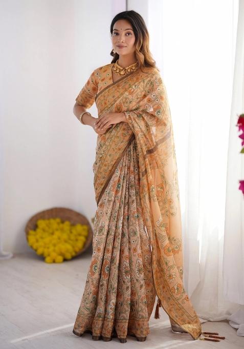 Peach Printed Cotton Saree Set