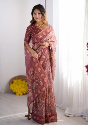 Maroon Printed Cotton Saree Set