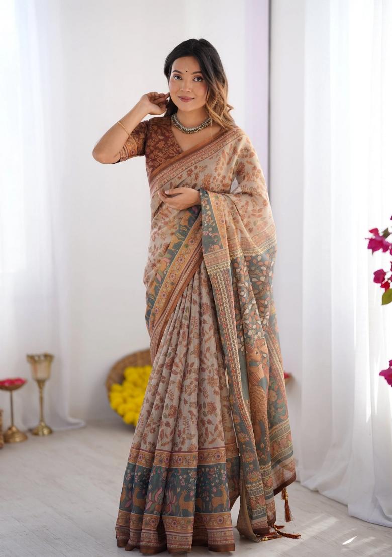 Beige Printed Cotton Saree Set - Indya