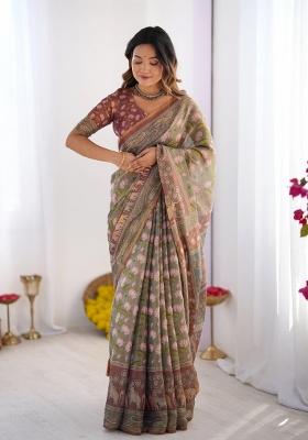 Olive Printed Cotton Saree Set
