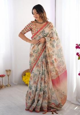 Beige Printed Cotton Saree Set