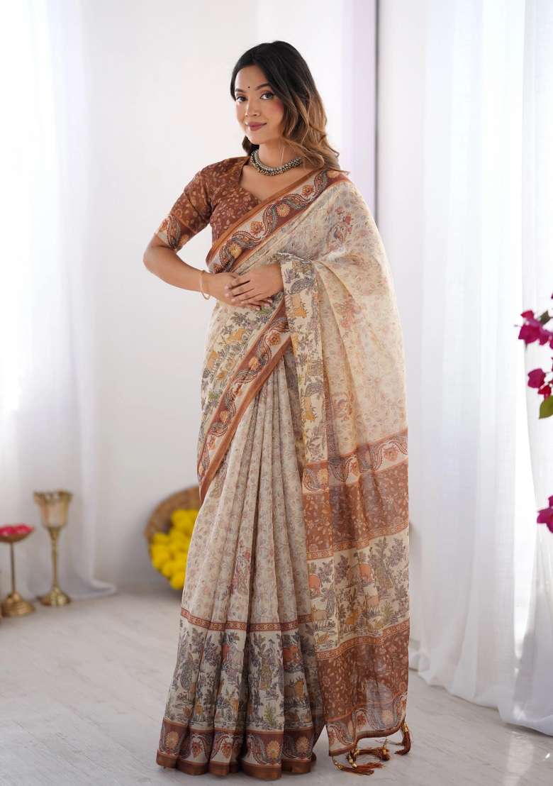 Multicolor Printed Cotton Saree Set - Indya