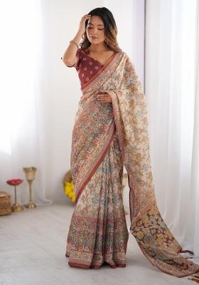 Beige Printed Cotton Saree Set