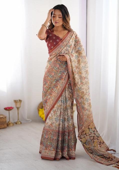 Beige Printed Cotton Saree Set