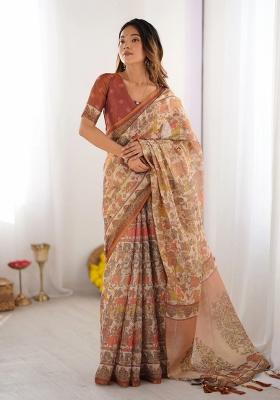 Beige Printed Cotton Saree Set
