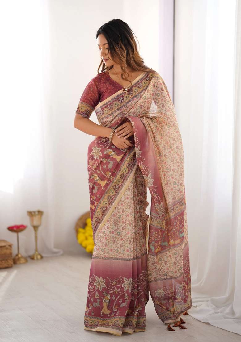 Beige Printed Cotton Saree Set - Indya