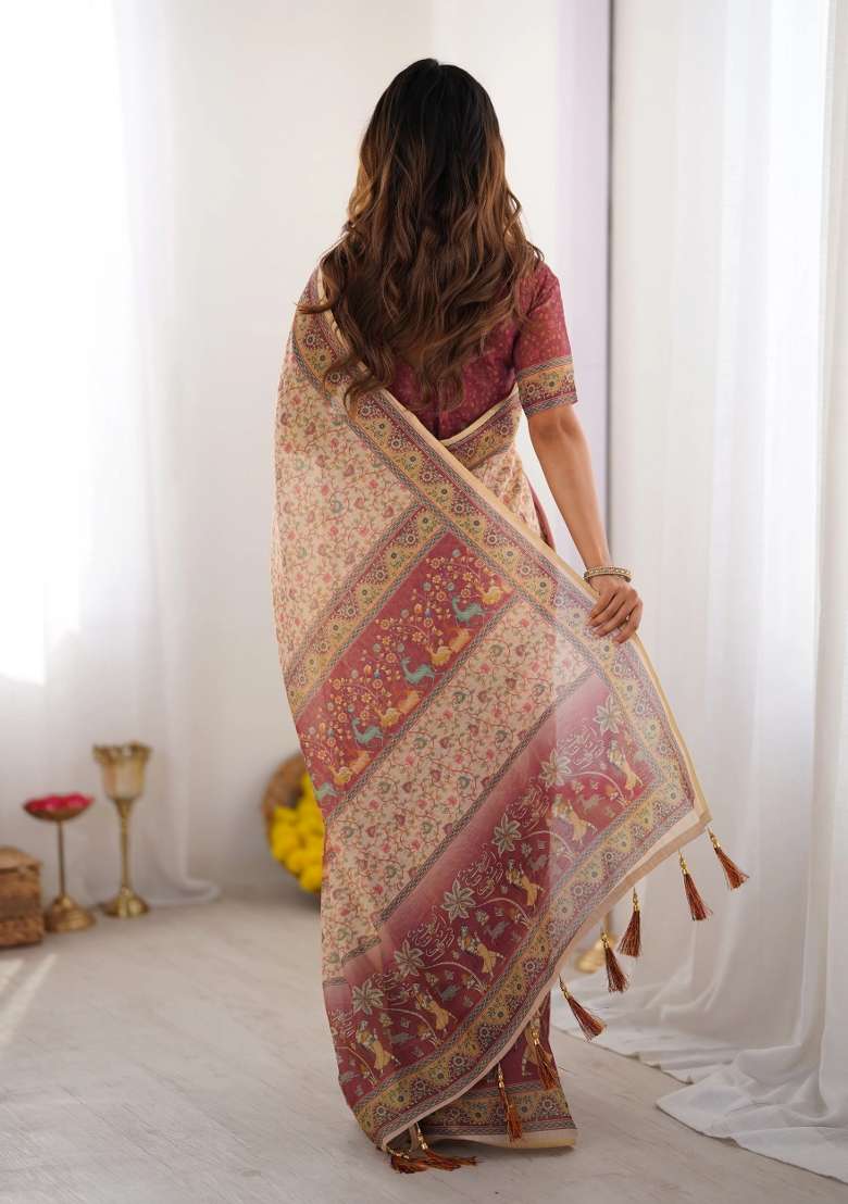 Beige Printed Cotton Saree Set - Indya