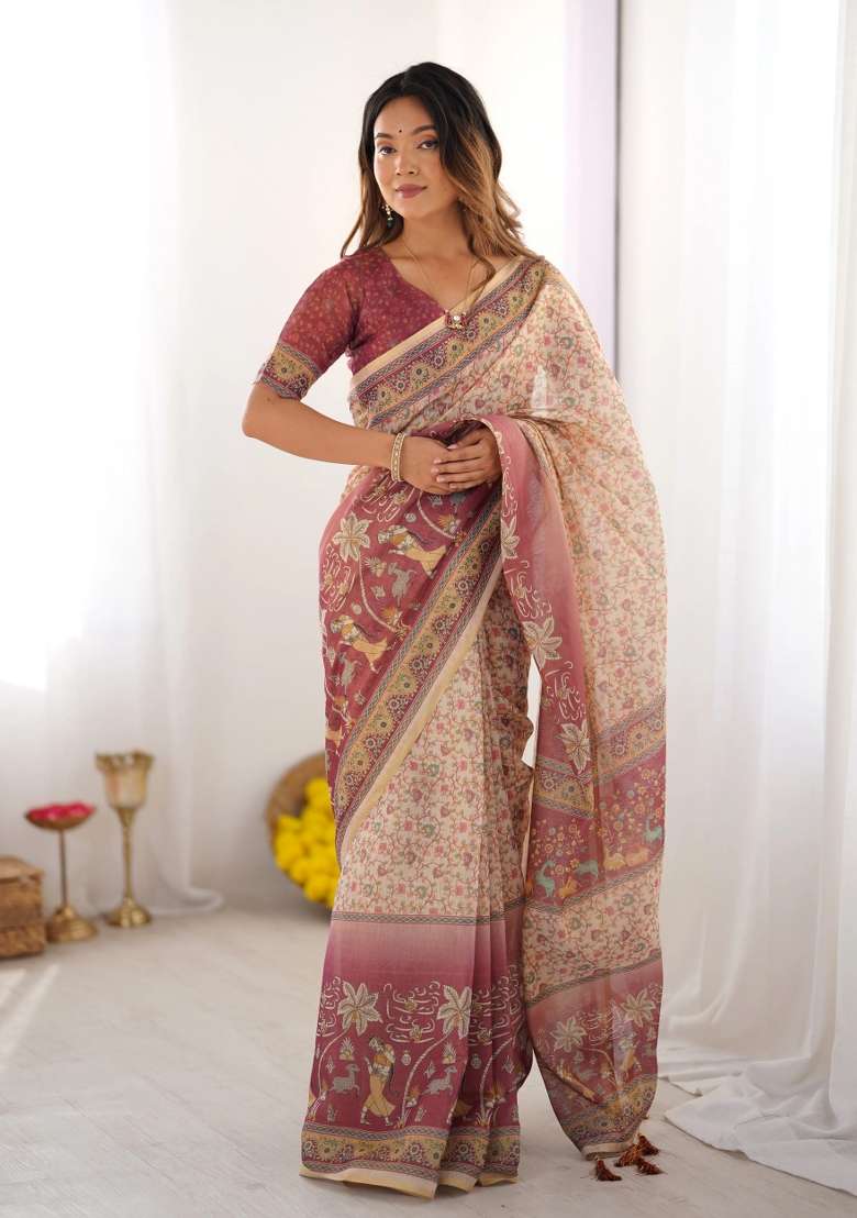 Beige Printed Cotton Saree Set - Indya