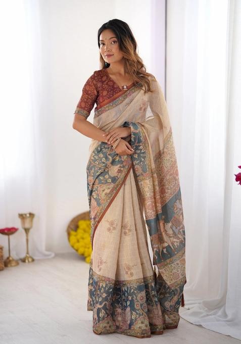 Beige Printed Cotton Saree Set
