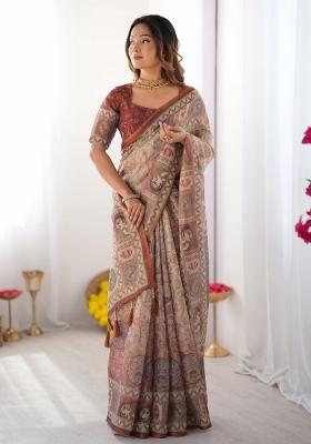 Beige Printed Cotton Saree Set