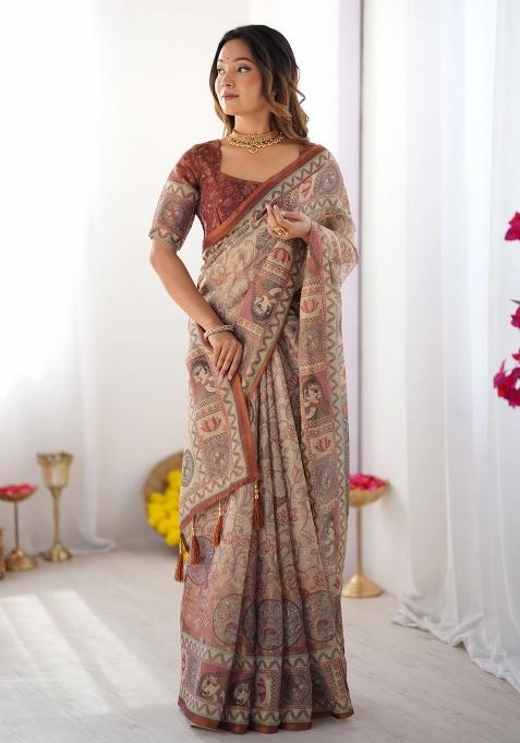 Beige Printed Cotton Saree Set