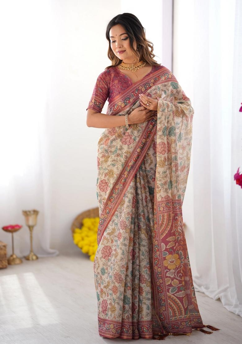 Cream Printed Cotton Saree Set